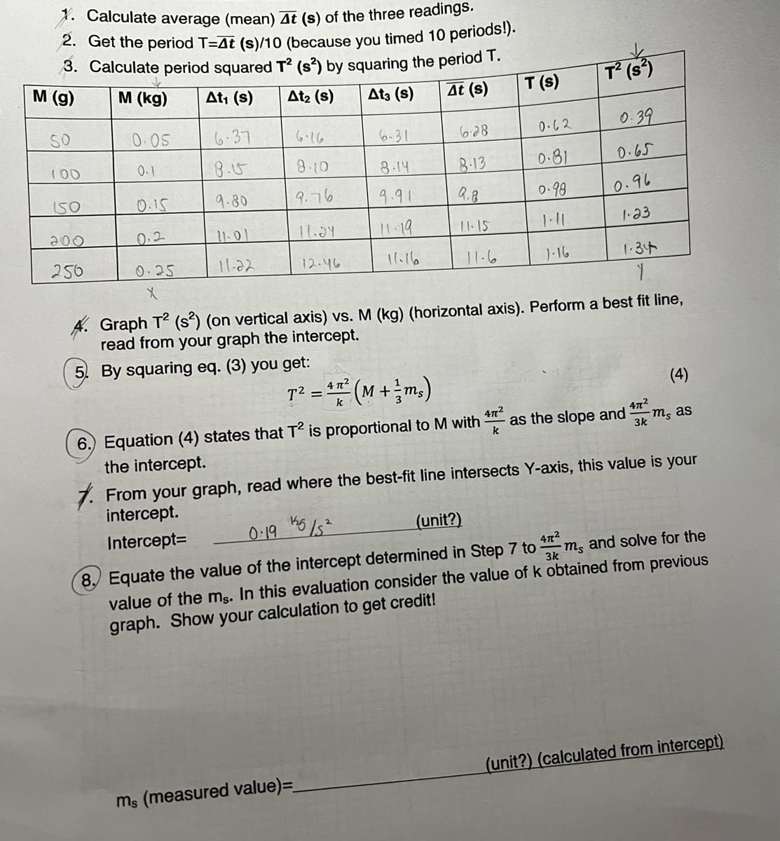 X. Calculate average (mean) At (s) of the three readings.
2. Get the period T=4t (s)/10 (because you timed 10 periods!).
3. Calculate period squared T² (s²) by squaring the period T.
T (s)
M (g)
M (kg) At₁ (s)
At₂ (s)
Δt (s)
At3 (s)
100
150
200
250
0.05
0.1
0.15
0.2
0.25
X
6.37
8.0
9.80
11-01
11-22
8.10
9.76
11.24
12.46
T² =
6-31
8.14
9.91
11.19
11.16
6-28
ms (measured value)=_
8.13
Q.8
11-15
11.6
0.62
0.81
0.98
1.11
1.16
477²
k
T² (S²)
0.39
1.34
Y
A. Graph T2 (s²) (on vertical axis) vs. M (kg) (horizontal axis). Perform a best fit line,
read from your graph the intercept.
5. By squaring eq. (3) you get:
0.65
0.96
1.23
47² (M + ² ms)
k
6.) Equation (4) states that T² is proportional to M with
the intercept.
7. From your graph, read where the best-fit line intersects Y-axis, this value is your
intercept.
Intercept=
(4)
m, as
as the slope and
47²
3k
125 15²
0.19
(unit?)
47²
3k
ms and solve for the
8. Equate the value of the intercept determined in Step 7 to
value of the ms. In this evaluation consider the value of k obtained from previous
graph. Show your calculation to get credit!
(unit?) (calculated from intercept)