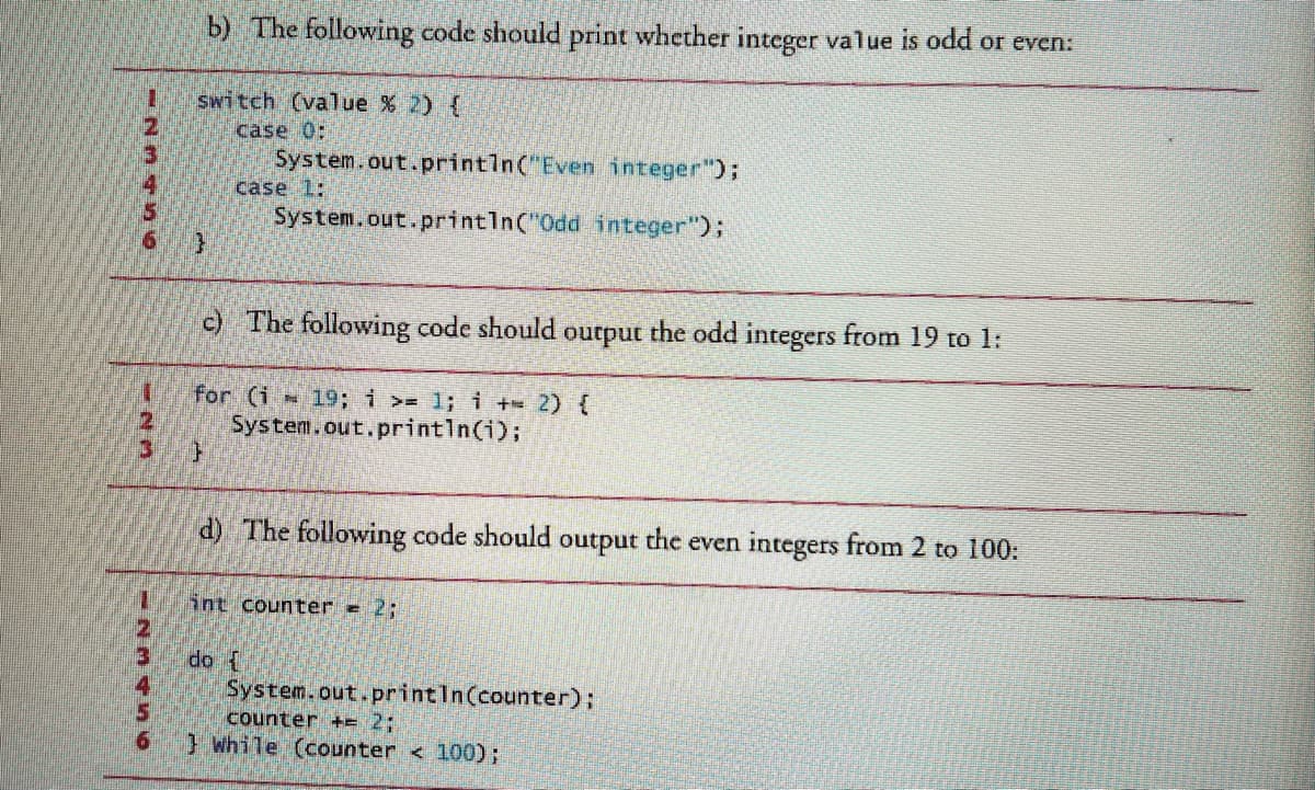 I
2
3
11
2445N-
6
switch (value % 2) {
case 0:
}
b) The following code should print whether integer value is odd or even:
}
System.out.println("Even integer");
System.out.println("Odd integer");
c) The following code should output the odd integers from 19 to 1:
for (i 19; i >= 1; i += 2) {
System.out.println(i);
case 1:
d) The following code should output the even integers from 2 to 100:
do
int counter = 2;
System.out.println(counter);
counter += 2;
While (counter < 100);