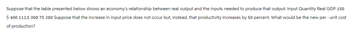 Suppose that the table presented below shows an economy's relationship between real output and the inputs needed to produce that output: Input Quantity Real GDP 150
$ 400 112.5 300 75 200 Suppose that the increase in input price does not occur but, instead, that productivity increases by 50 percent. What would be the new per-unit cost
of production?