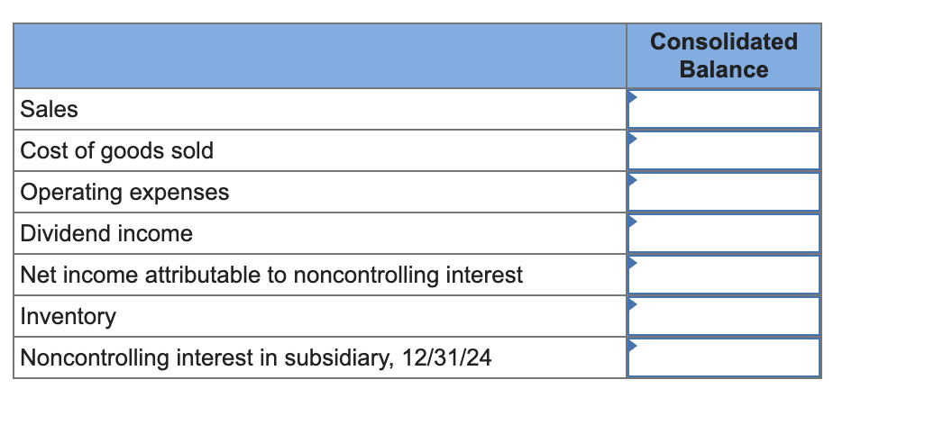 Sales
Cost of goods sold
Operating expenses
Dividend income
Net income attributable to noncontrolling interest
Inventory
Noncontrolling interest in subsidiary, 12/31/24
Consolidated
Balance