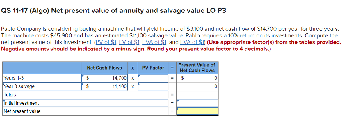 QS 11-17 (Algo) Net present value of annuity and salvage value LO P3
Pablo Company is considering buying a machine that will yield income of $3,100 and net cash flow of $14,700 per year for three years.
The machine costs $45,900 and has an estimated $11,100 salvage value. Pablo requires a 10% return on its investments. Compute the
net present value of this investment. (PV of $1, FV of $1, PVA of $1, and FVA of $1) (Use appropriate factor(s) from the tables provided.
Negative amounts should be indicated by a minus sign. Round your present value factor to 4 decimals.)
Years 1-3
Year 3 salvage
Totals
[Initial investment
Net present value
Net Cash Flows X PV Factor
14,700 x
11,100 x
$
S
=
=
Present Value of
Net Cash Flows
$
0
0