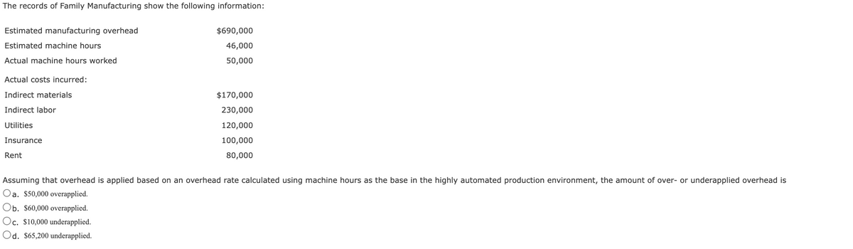 The records of Family Manufacturing show the following information:
Estimated manufacturing overhead
Estimated machine hours
Actual machine hours worked
Actual costs incurred:
Indirect materials
Indirect labor
Utilities
Insurance
Rent
$690,000
46,000
50,000
$170,000
230,000
120,000
100,000
80,000
Assuming that overhead is applied based on an overhead rate calculated using machine hours as the base in the highly automated production environment, the amount of over- or underapplied overhead is
Oa. $50,000 overapplied.
Ob. $60,000 overapplied.
Oc. $10,000 underapplied.
Od. $65,200 underapplied.