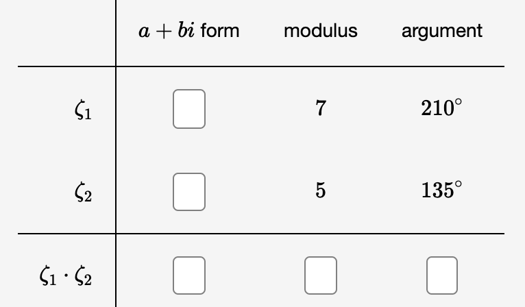 a + bi form
modulus
argument
210°
5
135°
25. 15

