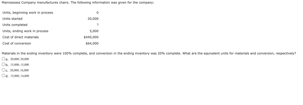 Mannassass Company manufactures chairs. The following information was given for the company:
Units, beginning work in process
Units started
Units completed
Units, ending work in process
Cost of direct materials
Cost of conversion
0
20,000
?
5,000
$440,000
$64,000
Materials in the ending inventory were 100% complete, and conversion in the ending inventory was 20% complete. What are the equivalent units for materials and conversion, respectively?
Oa. 20,000; 20,000
Ob. 15,000; 15,000
Oc. 20,000; 16,000
Od. 15,000; 14,000