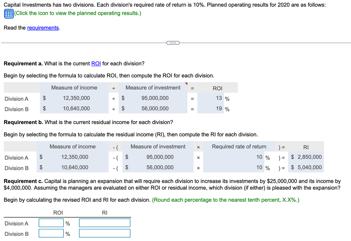 Capital Investments has two divisions. Each division's required rate of return is 10%. Planned operating results for 2020 are as follows:
(Click the icon to view the planned operating results.)
Read the requirements.
Requirement a. What is the current ROI for each division?
Begin by selecting the formula to calculate ROI, then compute the ROI for each division.
Measure of income
+ Measure of investment
12,350,000
95,000,000
10,640,000
56,000,000
Division A
Division B
Division A
Division B
Measure of income
12,350,000
10,640,000
Division A
Division B
Requirement b. What is the current residual income for each division?
Begin by selecting the formula to calculate the residual income (RI), then compute the RI for each division.
X Required rate of return
Measure of investment
95,000,000
56,000,000
10 %
10 %
$
ROI
...
%
%
-(
-( $
-($
ROI
X
13 %
19 %
=
) =
) =
Requirement c. Capital is planning an expansion that will require each division to increase its investments by $25,000,000 and its income by
$4,000,000. Assuming the managers are evaluated on either ROI or residual income, which division (if either) is pleased with the expansion?
Begin by calculating the revised ROI and RI for each division. (Round each percentage to the nearest tenth percent, X.X%.)
RI
RI
$2,850,000
$ 5,040,000