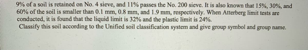 9% of a soil is retained on No. 4 sieve, and 11% passes the No. 200 sieve. It is also known that 15%, 30%, and
60% of the soil is smaller than 0.1 mm, 0.8 mm, and 1.9 mm, respectively. When Atterberg limit tests are
conducted, it is found that the liquid limit is 32% and the plastic limit is 24%.
Classify this soil according to the Unified soil classification system and give group symbol and group name.
