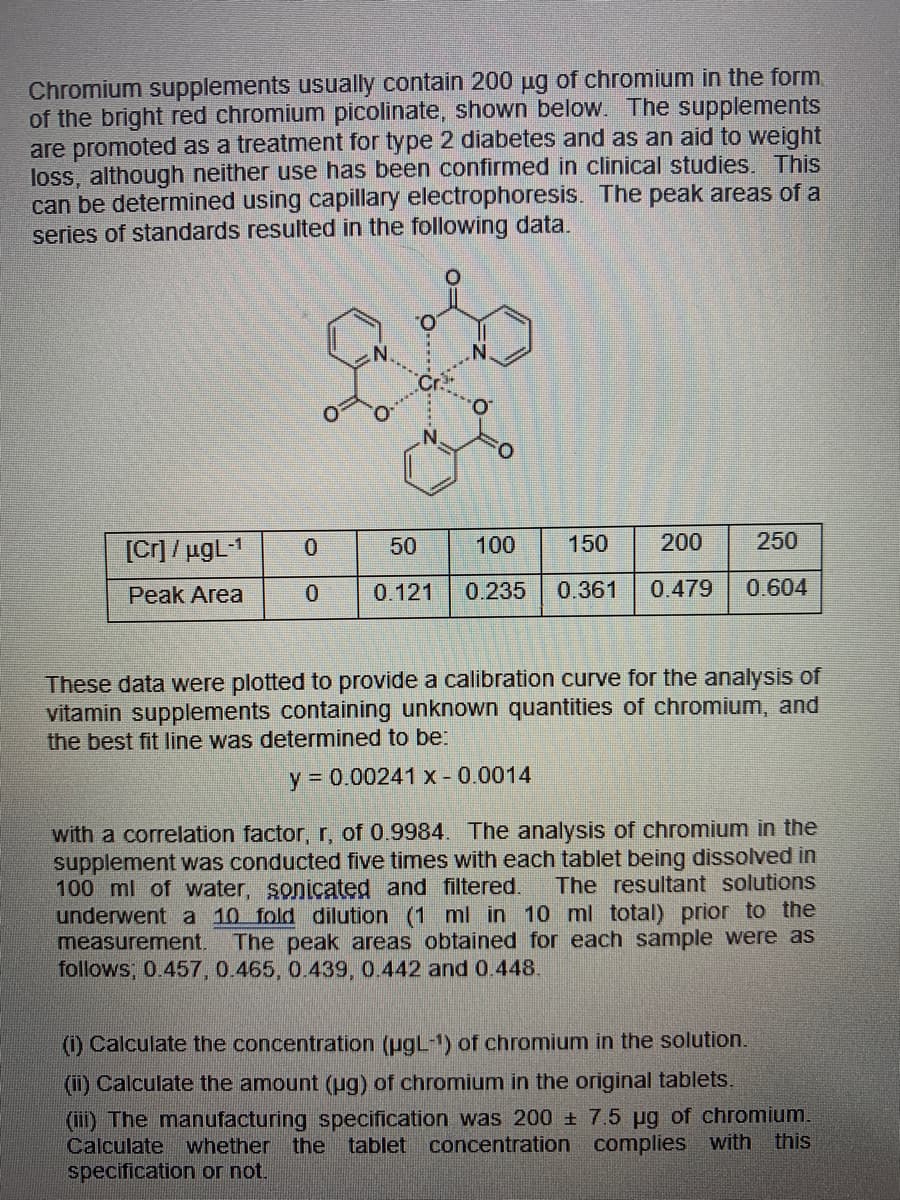 Chromium supplements usually contain 200 ug of chromium in the form.
of the bright red chromium picolinate, shown below. The supplements
are promoted as a treatment for type 2 diabetes and as an aid to weight
loss, although neither use has been confirmed in clinical studies. This
can be determined using capillary electrophoresis. The peak areas of a
series of standards resulted in the following data.
[C]/ ugL-1
0.
50
100
150
200
250
Peak Area
0.121
0.235
0.361
0.479
0.604
These data were plotted to provide a calibration curve for the analysis of
vitamin supplements containing unknown quantities of chromium, and
the best fit line was determined to be:
y 0.00241 x - 0.0014
with a correlation factor, r, of 0.9984. The analysis of chromium in the
supplement was conducted five times with each tablet being dissolved in
The resultant solutions
100 ml of water, sonicated and filtered.
underwent a 10 fold dilution (1 ml in 10 ml total) prior to the
The peak areas obtained for each sample were as
measurement.
follows; 0.457,0.465, 0.439, 0.442 and 0.448.
(1) Calculate the concentration (ugL-1) of chromium in the solution.
(1) Calculate the amount (ug) of chromium in the original tablets.
(iii) The manufacturing specification was 200 + 7.5 pg of chromium.
Calculate whether the tablet concentration complies with
specification or not.
this
