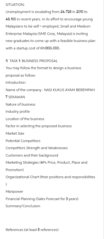 SITUATION:
Unemployment is escalating from 24.728 in 2010 to
48.100 in recent years. In its effort to encourage young
Malaysians to be self-employed, Small and Medium
Enterprise Malaysia (SME Corp, Malaysia) is inviting
new graduates to come up with a feasible business plan
with a startup cost of RM300.000.
1) TASK 1: BUSINESS PROPOSAL
You may follow the format to design a business
proposal as follow:
Introduction:
Name of the company: NASI KUKUS AYAM BEREMPAH
7 SEKAWAN
Nature of business
Industry profile
Location of the business
Factor in selecting the proposed business
Market Size
Potential Competitors
Competitors Strength and Weaknesses
Customers and their background
Marketing Strategies (4Ps Price, Product, Place and
Promotion)
Organizational Chart (their positions and responsibilities
Manpower
Financial Planning (Sales Forecast for 3 years)
Summary/Conclusion
References (at least 5 references)