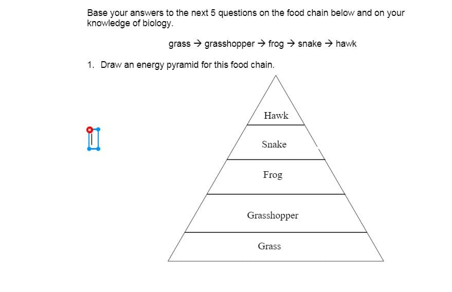 **Food Chain and Energy Pyramid**

### Instructions

Base your answers to the next 5 questions on the food chain below and on your knowledge of biology.

**Food Chain:** 
Grass → Grasshopper → Frog → Snake → Hawk

### Question 1

1. **Draw an energy pyramid for this food chain.**

### Energy Pyramid

Below is an energy pyramid representing the given food chain. This pyramid illustrates the trophic levels, with the producers at the bottom and the top predators at the top. Each level shows who eats whom in the food chain and how energy flows through each level.

```
          Hawk
  (Top Carnivore)
           ↟
          Snake
  (Secondary Carnivore)
           ↟
          Frog
  (Primary Carnivore)
           ↟
    Grasshopper
   (Primary Consumer)
           ↟
          Grass
      (Producer)
```

- **Grass** serves as the primary producer at the base of the pyramid.
- **Grasshopper** is the primary consumer, feeding on grass.
- **Frog** is the primary carnivore, feeding on grasshoppers.
- **Snake** is the secondary carnivore, feeding on frogs.
- **Hawk** is the top carnivore, feeding on snakes.

The pyramid shape represents the decrease in available energy and biomass as you move up each trophic level because of the loss of energy at each step, primarily due to metabolic processes.