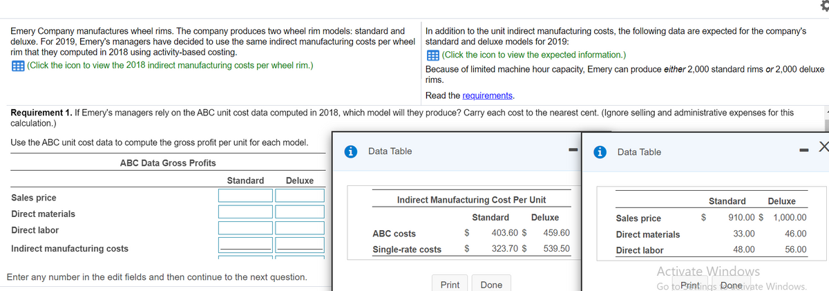 Emery Company manufactures wheel rims. The company produces two wheel rim models: standard and
deluxe. For 2019, Emery's managers have decided to use the same indirect manufacturing costs per wheel
rim that they computed in 2018 using activity-based costing.
In addition to the unit indirect manufacturing costs, the following data are expected for the company's
standard and deluxe models for 2019:
E (Click the icon to view the expected information.)
(Click the icon to view the 2018 indirect manufacturing costs per wheel rim.)
Because of limited machine hour capacity, Emery can produce either 2,000 standard rims or 2,000 deluxe
rims.
Read the requirements.
Requirement 1. If Emery's managers rely on the ABC unit cost data computed in 2018, which model will they produce? Carry each cost to the nearest cent. (Ignore selling and administrative expenses for this
calculation.)
Use the ABC unit cost data to compute the gross profit per unit for each model.
Data Table
Data Table
ABC Data Gross Profits
Standard
Deluxe
Sales price
Indirect Manufacturing Cost Per Unit
Standard
Deluxe
Direct materials
Standard
Deluxe
Sales price
$
910.00 $ 1,000.00
Direct labor
ABC costs
403.60 $
459.60
Direct materials
33.00
46.00
Indirect manufacturing costs
Single-rate costs
$
323.70 $
539.50
Direct labor
48.00
56.00
Activate Windows
Go toPrintings Doneivate Windows.
Enter any number in the edit fields and then continue to the next question.
Print
Done
