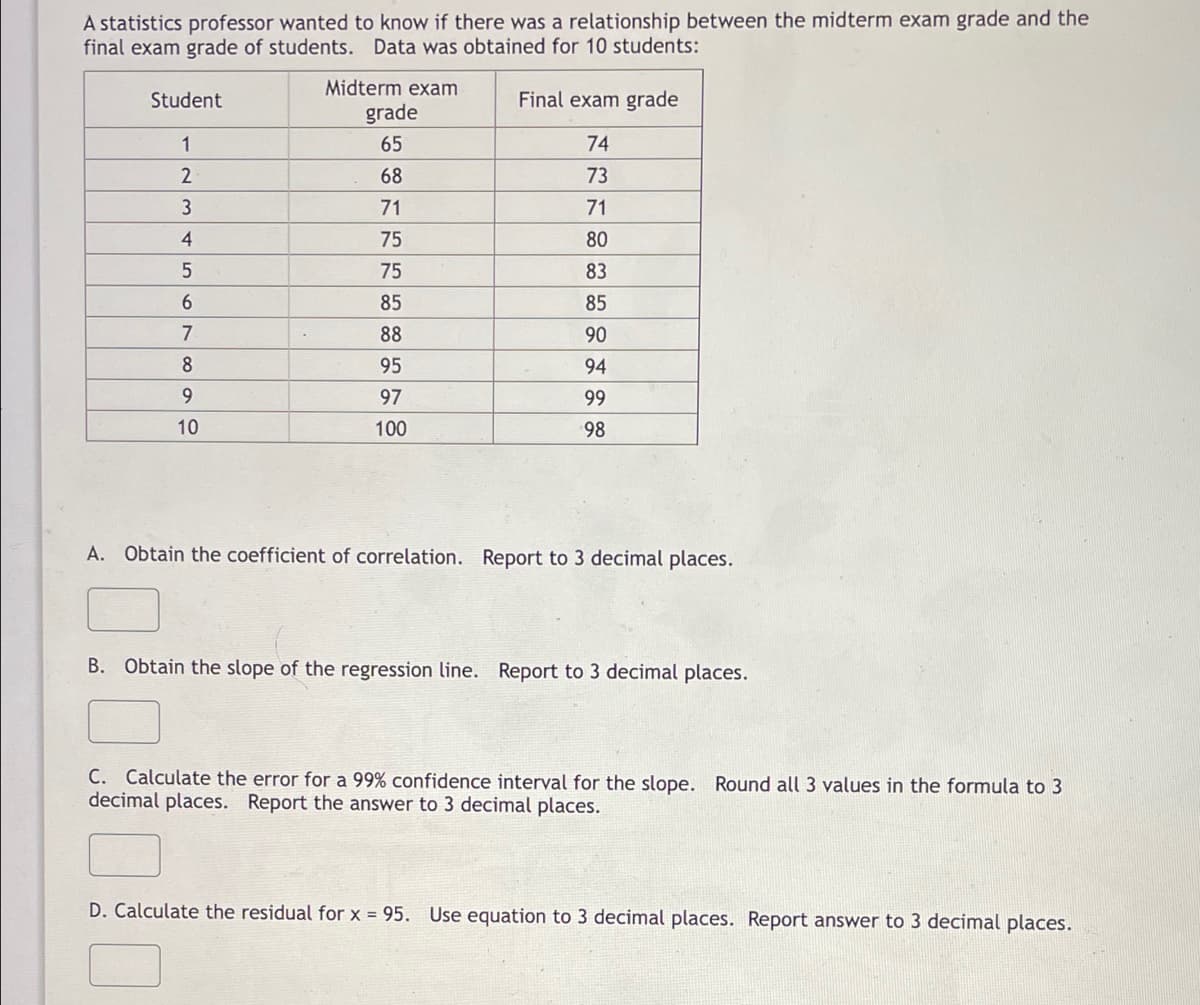 A statistics professor wanted to know if there was a relationship between the midterm exam grade and the
final exam grade of students. Data was obtained for 10 students:
Student
Midterm exam
grade
Final exam grade
1
65
74
2
68
73
3
71
71
4
75
80
5
75
83
6
85
85
7
88
90
8
95
94
9
97
99
10
100
98
A. Obtain the coefficient of correlation. Report to 3 decimal places.
B. Obtain the slope of the regression line. Report to 3 decimal places.
C. Calculate the error for a 99% confidence interval for the slope. Round all 3 values in the formula to 3
decimal places. Report the answer to 3 decimal places.
D. Calculate the residual for x = 95. Use equation to 3 decimal places. Report answer to 3 decimal places.