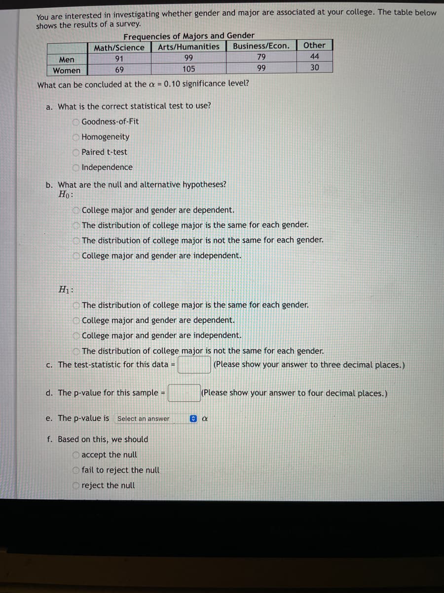 You are interested in investigating whether gender and major are associated at your college. The table below
shows the results of a survey.
Frequencies of Majors and Gender
Arts/Humanities
Math/Science
Business/Econ.
Other
Men
91
99
79
44
Women
69
105
99
30
What can be concluded at the a = 0.10 significance level?
a. What is the correct statistical test to use?
O Goodness-of-Fit
O Homogeneity
O Paired t-test
O Independence
b. What are the null and alternative hypotheses?
Ho:
College major and gender are dependent.
The distribution of college major is the same for each gender.
The distribution of college major is not the same for each gender.
College major and gender are independent.
H1 :
The distribution of college major is the same for each gender.
O College major and gender are dependent.
College major and gender are independent.
The distribution of college major is not the same for each gender.
c. The test-statistic for this data =
(Please show your answer to three decimal places.)
d. The p-value for this sample =
(Please show your answer to four decimal places.)
e. The p-value is Select an answer
f. Based on this, we should
accept the null
fail to reject the null
O reject the null
