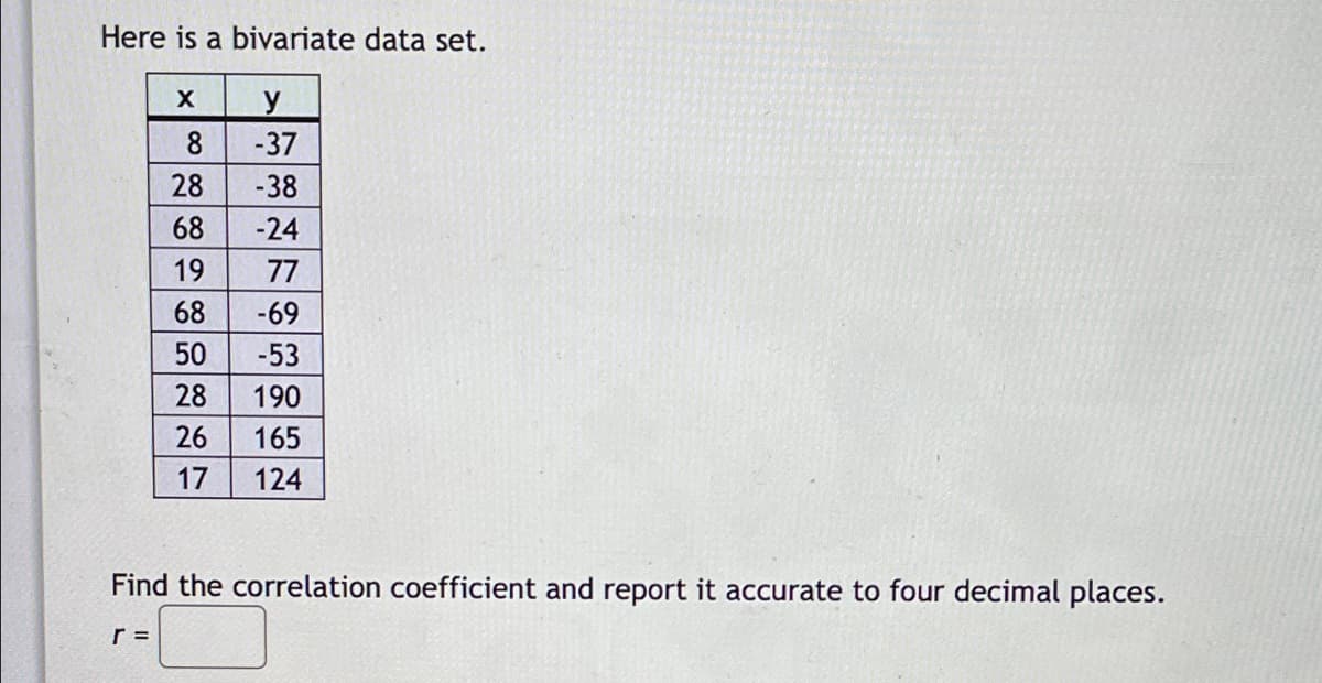 Here is a bivariate data set.
X
y
8 -37
28
-38
68
-24
19
77
68
-69
50
-53
28
190
26
165
17
124
Find the correlation coefficient and report it accurate to four decimal places.
=
