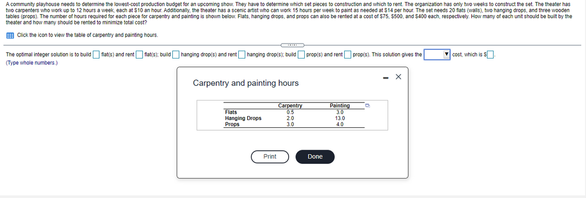 A community playhouse needs to determine the lowest-cost production budget for an upcoming show. They have to determine which set pieces to construction and which to rent. The organization has only two weeks to construct the set. The theater has
two carpenters who work up to 12 hours a week, each at $10 an hour. Additionally, the theater has a scenic artist who can work 15 hours per week to paint as needed at $14 per hour. The set needs 20 flats (walls), two hanging drops, and three wooden
tables (props). The number of hours required for each piece for carpentry and painting is shown below. Flats, hanging drops, and props can also be rented at a cost of $75, $500, and $400 each, respectively. How many of each unit should be built by the
theater and how many should be rented to minimize total cost?
E Click the icon to view the table of carpentry and painting hours.
The optimal integer solution is to build flat(s) and rent flat(s); build hanging drop(s) and rent hanging drop(s); build
(Type whole numbers.)
prop(s) and rent prop(s). This solution gives the
V cost, which is s
- X
Carpentry and painting hours
Сагрentry
Painting
Flats
Hanging Drops
Props
0.5
3.0
2.0
13.0
3.0
4.0
Print
Done
