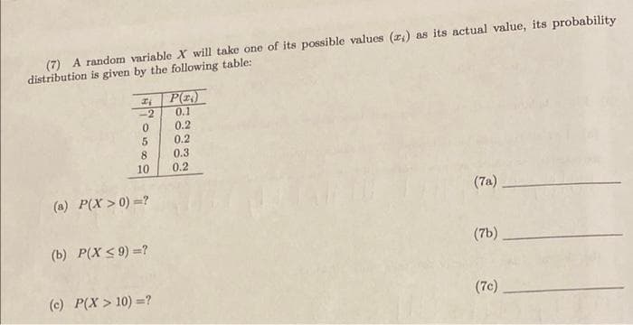 (7) A random variable X will take one of its possible values (z,) as its actual value, its probability
distribution is given by the following table:
P(E)
0.1
0.2
0.2
-2
8.
10
0.3
0.2
(a) P(X > 0) =?
(7a)
(b) P(X < 9) =?
(7b)
(c) P(X > 10) =?
(7c)
