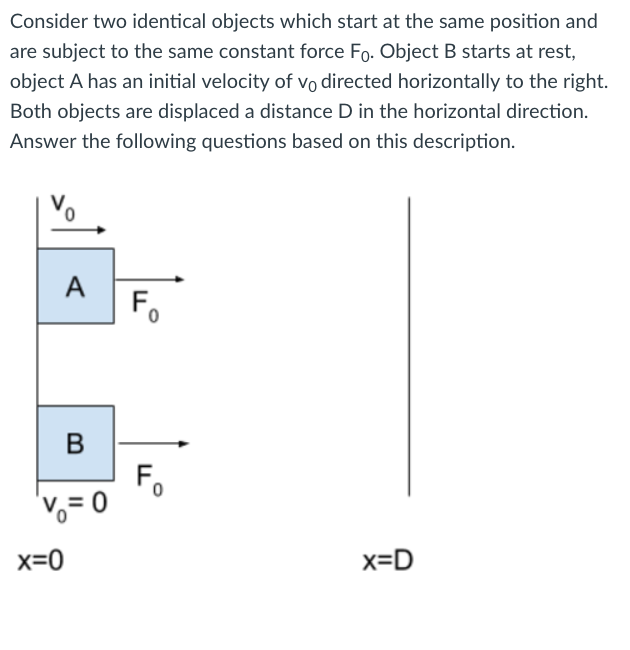 Consider two identical objects which start at the same position and
are subject to the same constant force Fo. Object B starts at rest,
object A has an initial velocity of vo directed horizontally to the right.
Both objects are displaced a distance D in the horizontal direction.
Answer the following questions based on this description.
Vo
Fo
'V= 0
x=0
x=D
