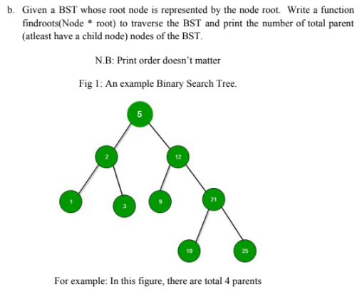 b. Given a BST whose root node is represented by the node root. Write a function
findroots(Node * root) to traverse the BST and print the number of total parent
(atleast have a child node) nodes of the BST.
N.B: Print order doesn't matter
Fig 1: An example Binary Search Tree.
5
For example: In this figure, there are total 4 parents
