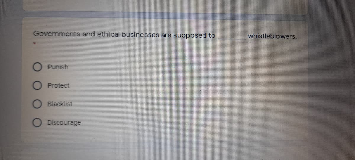 Governments and ethical businesses are supposed to
whistleblowers.
Punish
Protect
Blacklist
Discourage
