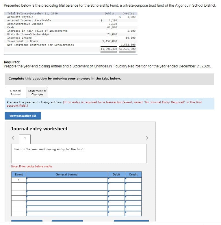 Presented below is the preclosing trial balance for the Scholarship Fund, a private-purpose trust fund of the Algonquin School District.
Trial Balance-December 31, 2020
Accounts Payable
Accrued Interest Receivable
Administrative Expense
Cash
Debits
Credits
$
3,000
$
1,210
7,170
62,920
5,300
73,000
86,000
Investment in Bonds
1,452,000
Net Position: Restricted for Scholarships
1,502,000
Increase in Fair Value of Investments
Distributions-Scholarships
Interest Income
$1,596,300 $1,596,300
Required:
Prepare the year-end closing entries and a Statement of Changes In Fiduciary Net Position for the year ended December 31, 2020.
Complete this question by entering your answers in the tabs below.
General Statement of
Journal
Changes
Prepare the year-end closing entries. (If no entry is required for a transaction/event, select "No Journal Entry Required" in the first
account field.)
View transaction list
Journal entry worksheet
<
1
Record the year-end closing entry for the fund.
Note: Enter debits before credits.
Event
1
General Journal
Debit
Credit