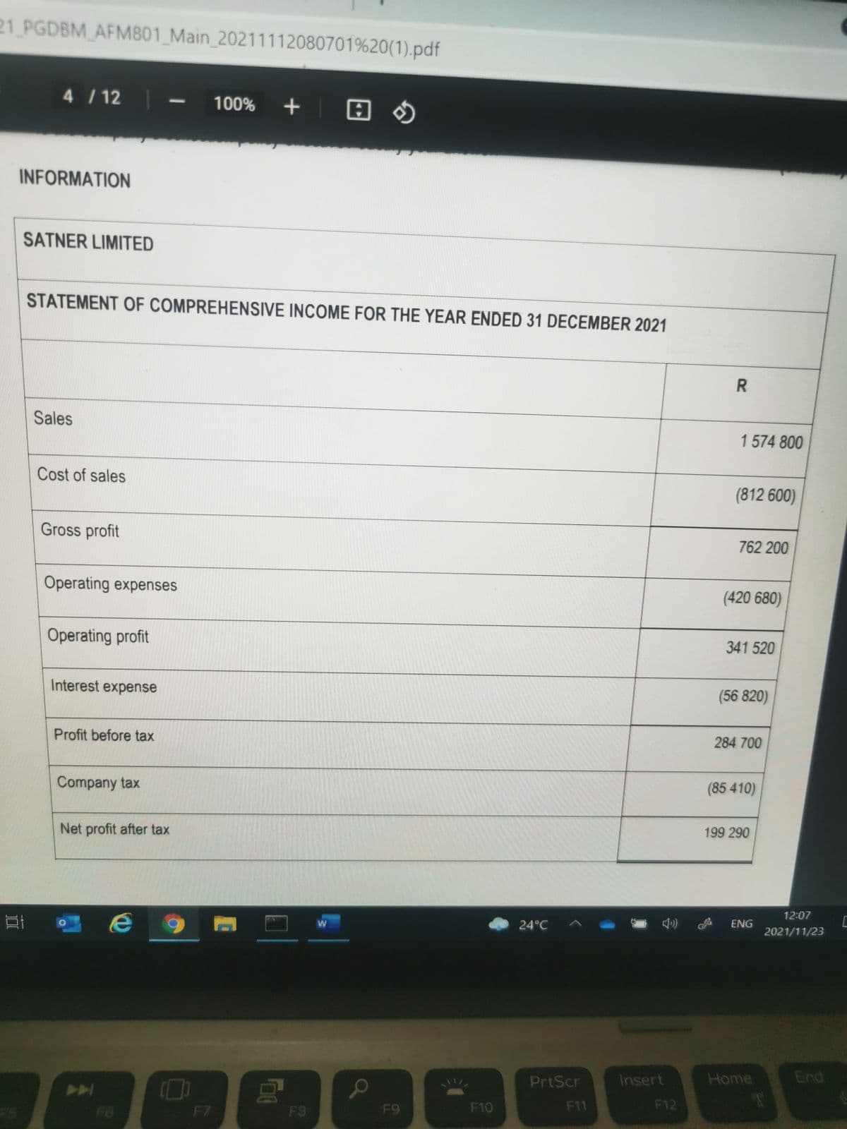 21 PGDBM AFM801 Main 20211112080701%20(1).pdf
4 / 12
100% +
|
INFORMATION
SATNER LIMITED
STATEMENT OF COMPREHENSIVE INCOME FOR THE YEAR ENDED 31 DECEMBER 2021
Sales
1574 800
Cost of sales
(812 600)
Gross profit
762 200
Operating expenses
(420 680)
Operating profit
341 520
Interest expense
(56 820)
Profit before tax
284 700
Company tax
(85 410)
Net profit after tax
199 290
12:07
24°C
ENG
2021/11/23
PrtScr
Insert
Home
End
F6
F7
FS
F9
F10
F11
F12
