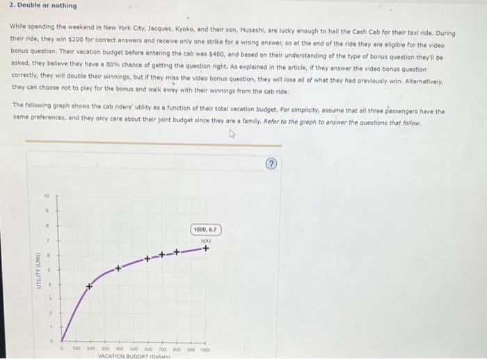 2. Double or nothing
While spending the weekend in New York City, Jacques, Kyoko, and their son, Musashi, are lucky enough to hail the Cash Cab for their taxi ride. During
their ride, they win $200 for correct answers and receive only one strike for a wrong answer, so at the end of the ride they are eligible for the video
bonus question. Their vacation budget before entering the cab was $400, and based on their understanding of the type of bonus question they'll be
asked, they believe they have a 80% chance of getting the question right. As explained in the article, if they answer the video bonus question
correctly, they will double their winnings, but if they miss the video bonus question, they will lose all of what they had previously won. Alternatively,
they can choose not to play for the bonus and walk away with their winnings from the cab ride.
The following graph shows the cab riders' utility as a function of their total vacation budget. For simplicity, assume that all three passengers have the
same preferences, and they only care about their joint budget since they are a family. Refer to the graph to answer the questions that follow.
UTILITY (US)
0
°
10
°
+-+-+
100 200 300 400 500 600 700 800 900 1000
VACATION BUDGET (Dollars
1000, 6.7
UDO
+