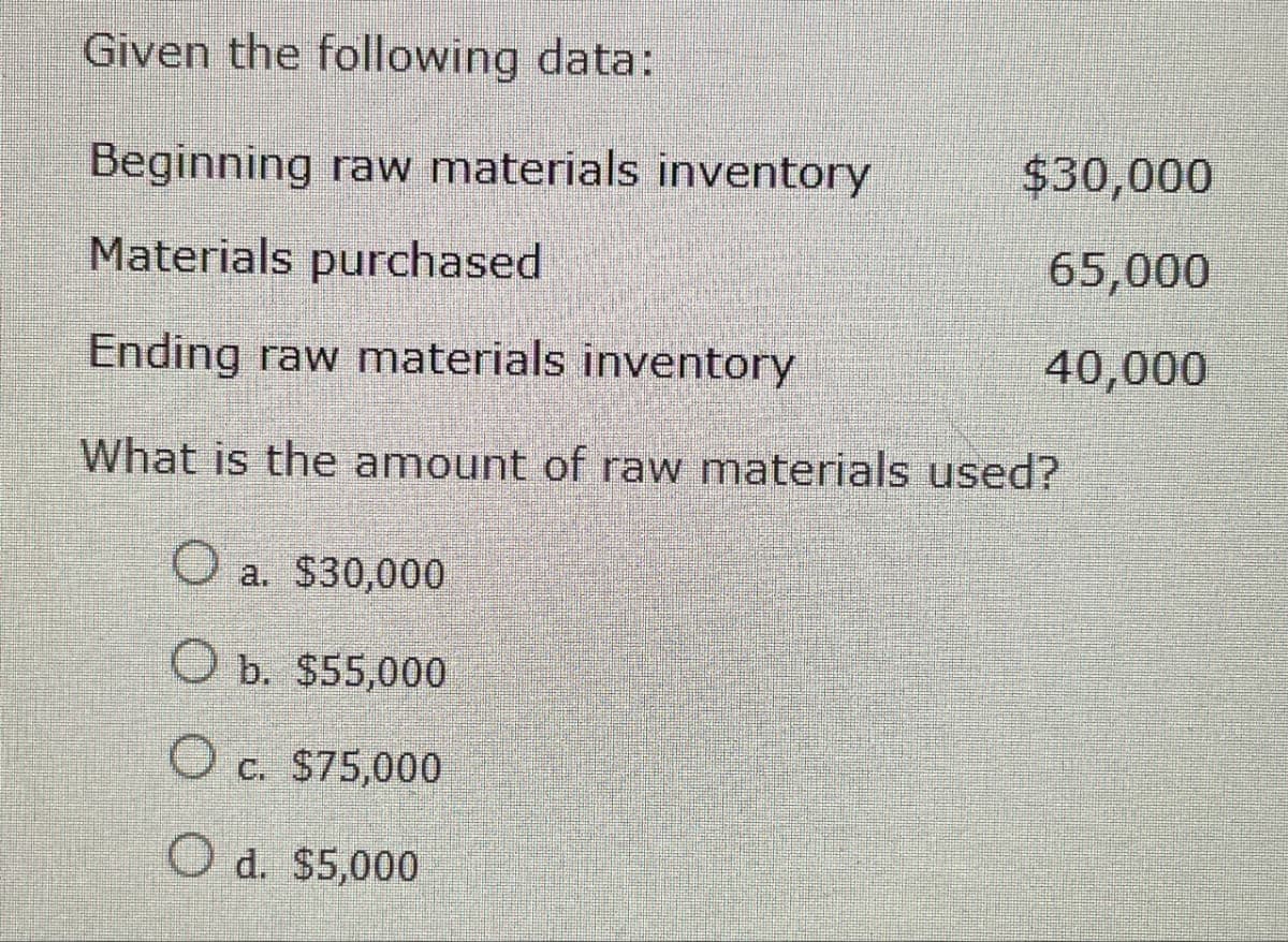 Given the following data:
Beginning raw materials inventory
$30,000
Materials purchased
65,000
Ending raw materials inventory
40,000
What is the amount of raw materials used?
O
a. $30,000
O b. $55,000
c. $75,000
Od. $5,000