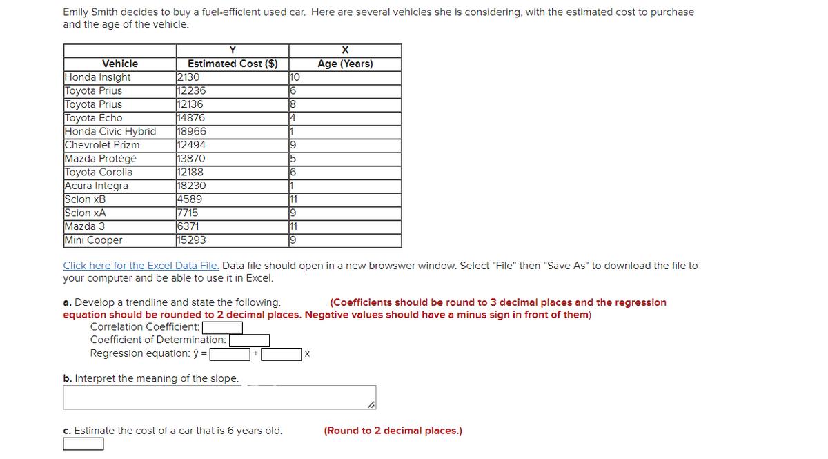 Emily Smith decides to buy a fuel-efficient used car. Here are several vehicles she is considering, with the estimated cost to purchase
and the age of the vehicle.
Y
Vehicle
Honda Insight
Toyota Prius
Toyota Prius
Toyota Echo
Honda Civic Hybrid
Chevrolet Prizm
Mazda Protégé
Toyota Corolla
Acura Integra
Scion xB
Scion xA
Mazda 3
Mini Cooper
Estimated Cost ($)
2130
12236
|12136
14876
18966
12494
13870
12188
|18230
4589
Age (Years)
10
4
1
6
1
11
7715
6371
15293
11
19
Click here for the Excel Data File. Data file should open in a new browswer window. Select "File" then "Save As" to download the file to
your computer and be able to use it in Excel.
a. Develop a trendline and state the following.
equation should be rounded to 2 decimal places. Negative values should have a minus sign in front of them)
Correlation Coefficient
Coefficient of Determination:
(Coefficients should be round to 3 decimal places and the regression
Regression equation: ŷ =
b. Interpret the meaning of the slope.
c. Estimate the cost of a car that is 6 years old.
(Round to 2 decimal places.)
