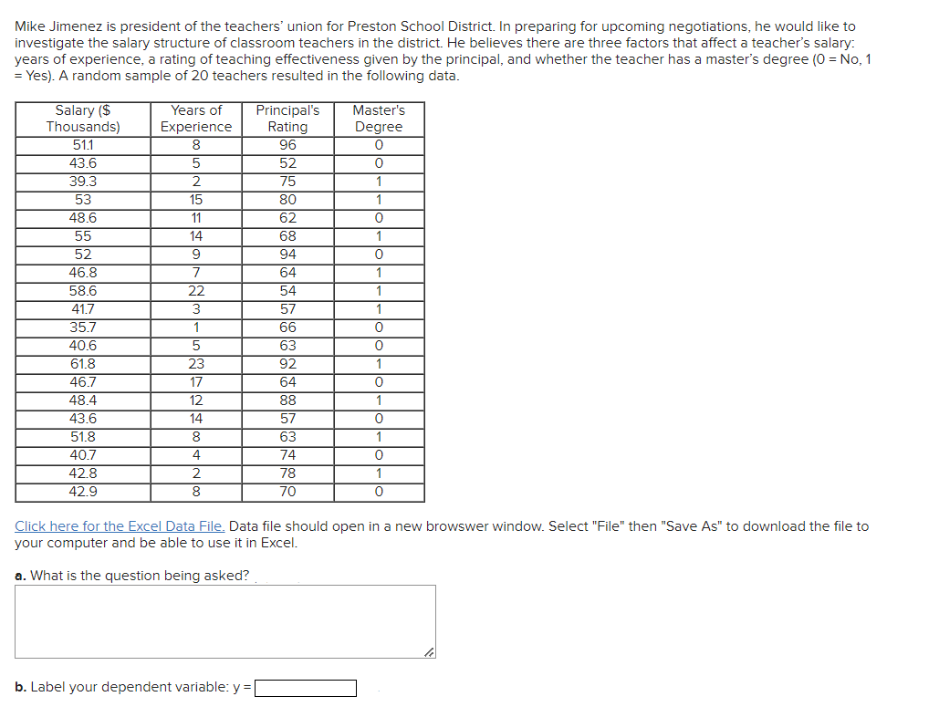 Mike Jimenez is president of the teachers' union for Preston School District. In preparing for upcoming negotiations, he would like to
investigate the salary structure of classroom teachers in the district. He believes there are three factors that affect a teacher's salary:
years of experience, a rating of teaching effectiveness given by the principal, and whether the teacher has a master's degree (O = No, 1
= Yes). A random sample of 20 teachers resulted in the following data.
Years of
Experience
Principal's
Rating
96
52
75
80
62
Salary ($
Thousands)
Master's
Degree
51.1
8
43.6
39.3
53
48.6
55
52
46.8
58.6
41.7
35.7
40.6
61.8
46.7
2
15
1
11
14
68
1
94
64
54
57
66
63
92
64
88
7
1
22
1
1
1
23
17
12
48.4
43.6
51.8
40.7
14
57
63
1
74
78
70
42.8
42.9
Click here for the Excel Data File. Data file should open in a new browswer window. Select "File" then "Save As" to download the file to
your computer and be able to use it in Excel.
a. What is the question being asked?
b. Label your dependent variable: y =
