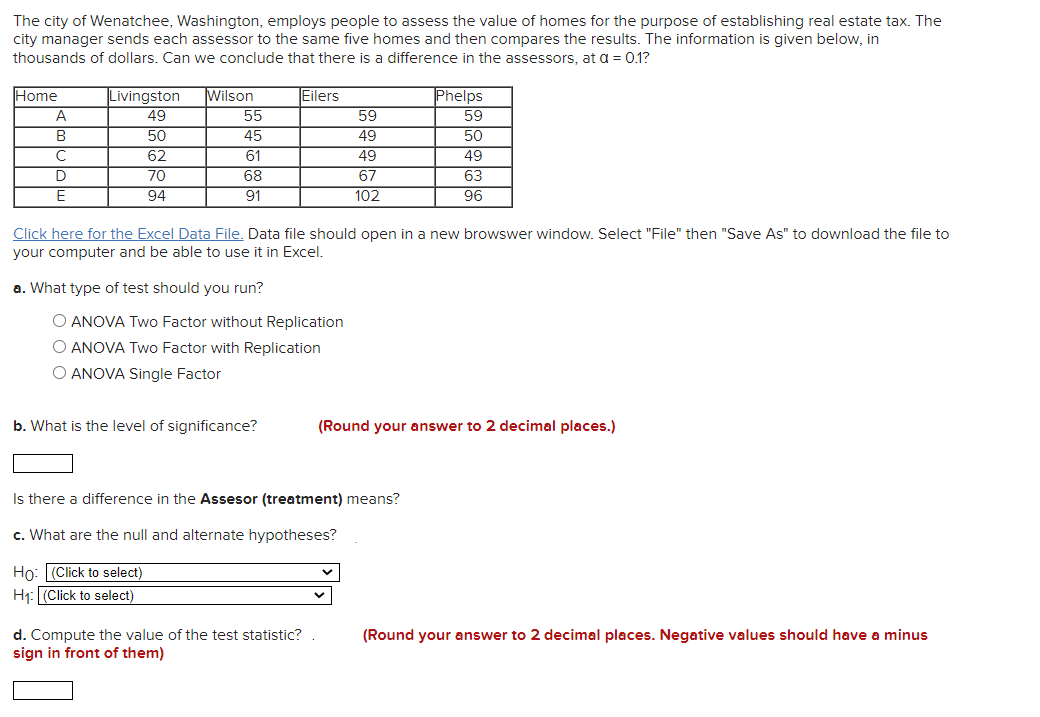 The city of Wenatchee, Washington, employs people to assess the value of homes for the purpose of establishing real estate tax. The
city manager sends each assessor to the same five homes and then compares the results. The information is given below, in
thousands of dollars. Can we conclude that there is a difference in the assessors, at a = 0.1?
Home
Wilson
Eilers
59
Phelps
59
50
49
63
96
Livingston
A
49
55
B
50
45
49
62
70
94
61
68
91
49
67
102
D
Click here for the Excel Data File. Data file should open in a new browswer window. Select "File" then "Save As" to download the file to
your computer and be able to use it in Excel.
a. What type of test should you run?
O ANOVA Two Factor without Replication
O ANOVA Two Factor with Replication
O ANOVA Single Factor
b. What is the level of significance?
(Round your answer to 2 decimal places.)
Is there a difference in the Assesor (treatment) means?
c. What are the null and alternate hypotheses?
Ho: (Click to select)
H1: (Click to select)
d. Compute the value of the test statistic?
sign in front of them)
(Round your answer to 2 decimal places. Negative values should have a minus
