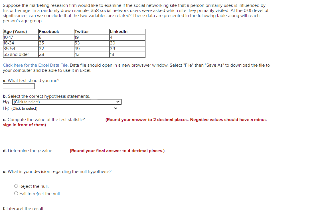 Suppose the marketing research firm would like to examine if the social networking site that a person primarily uses is influenced by
his or her age. In a randomly drawn sample, 358 social network users were asked which site they primarily visited. At the 0.05 level of
significance, can we conclude that the two variables are related? These data are presented in the following table along with each
person's age group:
Age (Years)
10-17
18-34
35-54
55 and older
Twitter
19
53
49
43
LinkedIn
4
30
39
|18
Facebook
35
32
28
Click here for the Excel Data File. Data file should open in a new browswer window. Select "File" then "Save As" to download the file to
your computer and be able to use it in Excel.
a. What test should you run?
b. Select the correct hypothesis statements.
Ho: (Click to select)
H1: (Click to select)
c. Compute the value of the test statistic?
sign in front of them)
(Round your answer to 2 decimal places. Negative values should have a minus
d. Determine the p-value
(Round your final answer to 4 decimal places.)
e. What is your decision regarding the null hypothesis?
Reject the nullI.
O Fail to reject the null.
f. Interpret the result.
