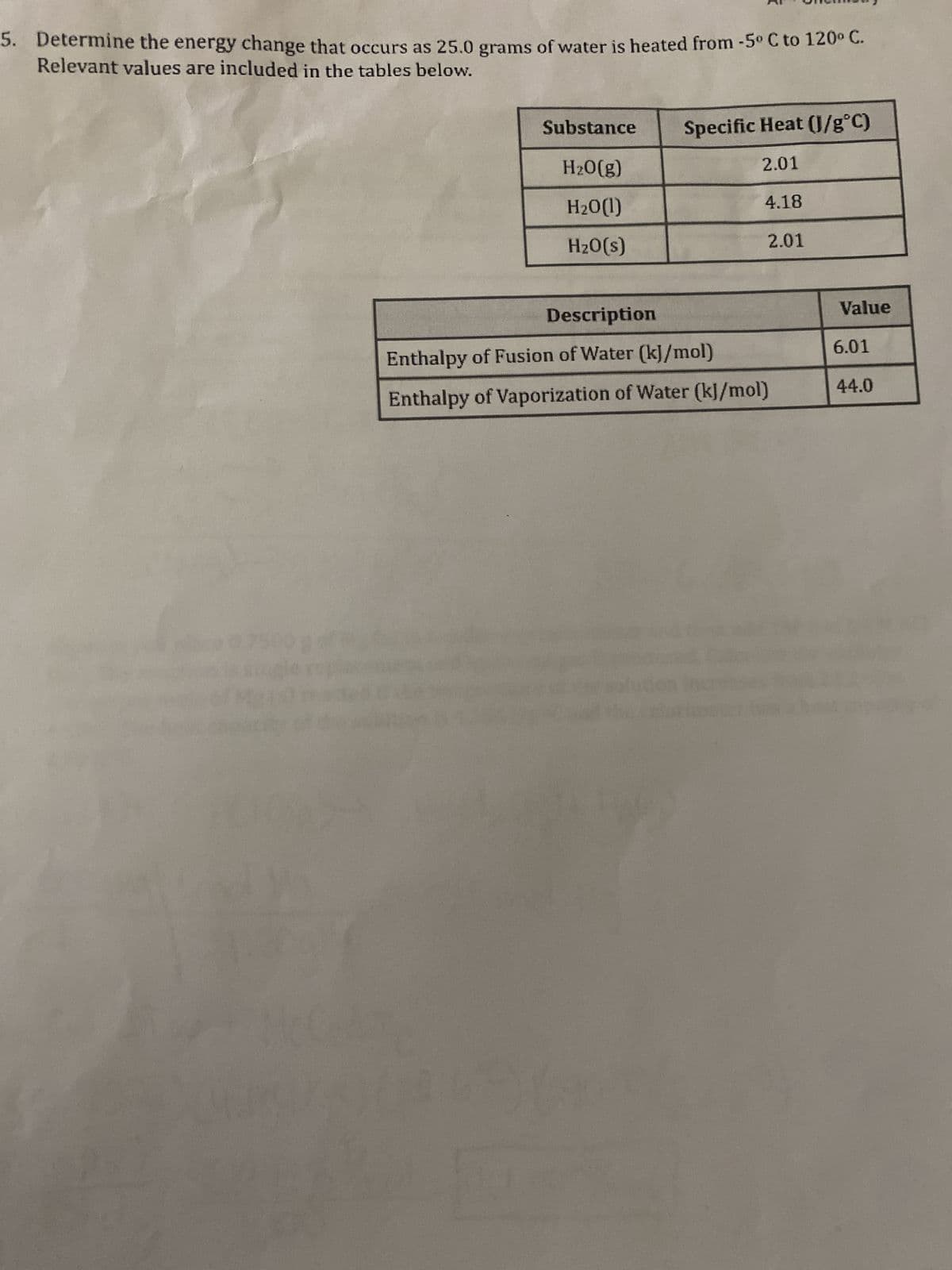 5. Determine the energy change that occurs as 25.0 grams of water is heated from -5° C to 120° C.
Relevant values are included in the tables below.
Substance
H₂O(g)
H₂O (1)
H₂O(s)
Specific Heat (J/g°C)
2.01
4.18
2.01
Description
Enthalpy of Fusion of Water (kJ/mol)
Enthalpy of Vaporization of Water (kJ/mol)
Value
6.01
44.0