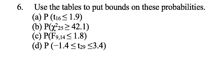 Use the tables to put bounds on these probabilities.
(a) P (ti6<1.9)
(b) P(2s 2 42.1)
(c) P(F9,14<1.8)
(d) P (-1.4 < t29 <3.4)
6.
