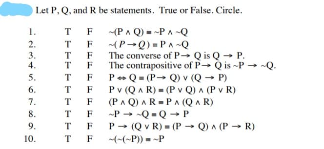 Let P, Q, andR be statements. True or False. Circle.
(PA Q) = ~PA~Q
(P→Q) =PA~Q
The converse of P Q is Q → P.
1.
T
F
2.
T
3.
F
