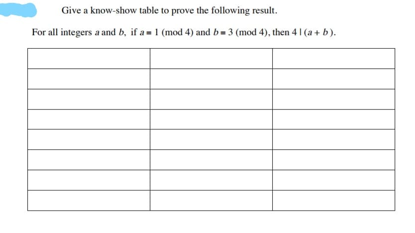 Give a know-show table to prove the following result.
