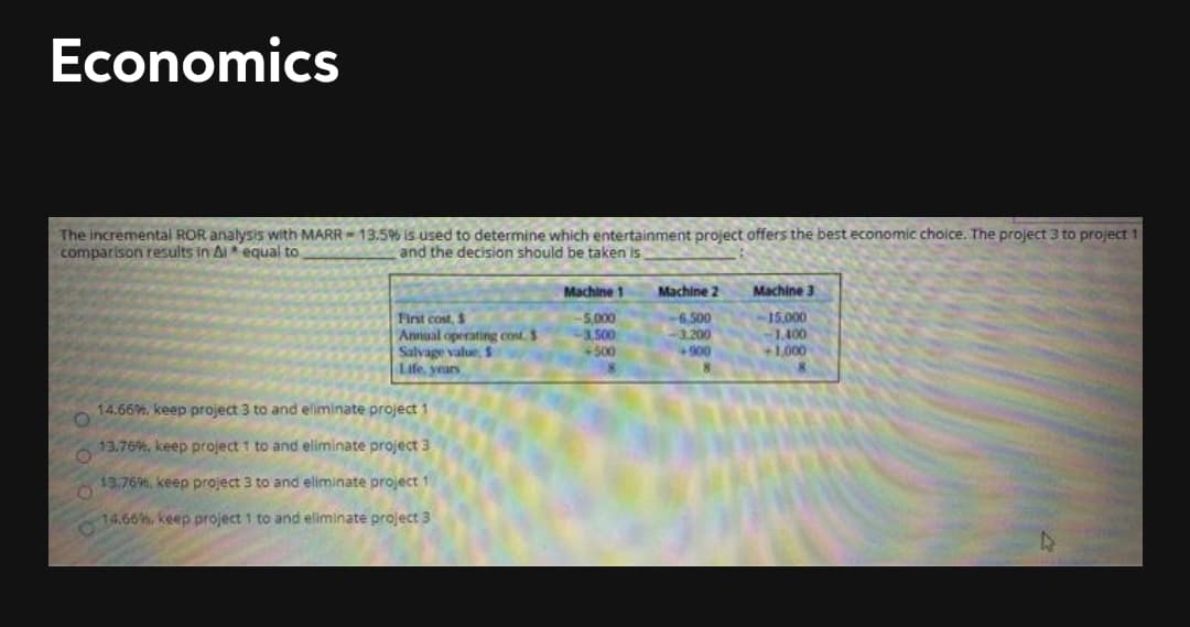 Economics
The incrementai ROR analysis with MARR = 13.5% is used to determine which entertainment project offers the best economic choice. The project 3 to project 1
comparison results in Ai equal to
and the decision should be taken is
Machine 1
Machine 2
Machine 3
First cost, $
Annual operating cost. S
Salvage value, S
Life, years
-5.,000
3.500
6.500
-3.200
-15.000
1,400
+1,000
+500
+900
N0
14.66%, keep project 3 to and eliminate project 1
13.76%, keep project 1 to and eliminate project 3
13.76%, keep project 3 to and eliminate project 1
14.66%, keep project 1 to and eliminate project 3
