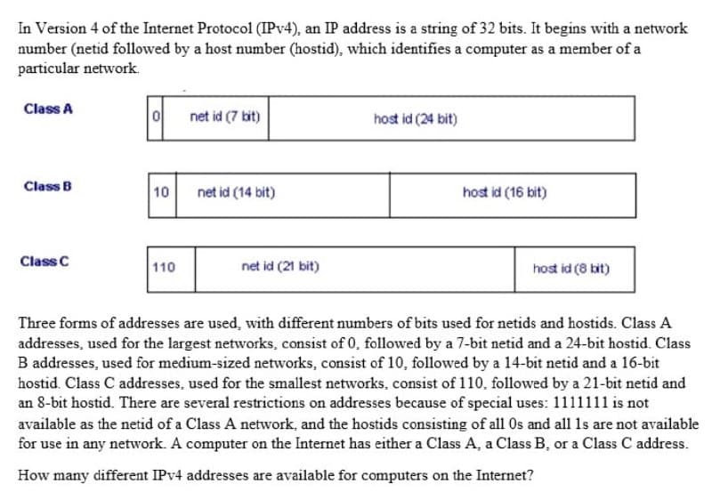 In Version 4 of the Internet Protocol (IPV4), an IP address is a string of 32 bits. It begins with a network
number (netid followed by a host number (hostid), which identifies a computer as a member of a
particular network.
Class A
|이
net id (7 bit)
host id (24 bit)
Class B
10
net id (14 bit)
host id (16 bit)
Class C
110
net id (21 bit)
host id (8 bit)
Three forms of addresses are used, with different numbers of bits used for netids and hostids. Class A
addresses, used for the largest networks, consist of 0, followed by a 7-bit netid and a 24-bit hostid. Class
B addresses, used for medium-sized networks, consist of 10, followed by a 14-bit netid and a 16-bit
hostid. Class C addresses, used for the smallest networks, consist of 110, followed by a 21-bit netid and
an 8-bit hostid. There are several restrictions on addresses because of special uses: 1111111 is not
available as the netid of a Class A network, and the hostids consisting of all 0s and all 1s are not available
for use in any network. A computer on the Internet has either a Class A, a Class B, or a Class C address.
How many different IPV4 addresses are available for computers on the Internet?
