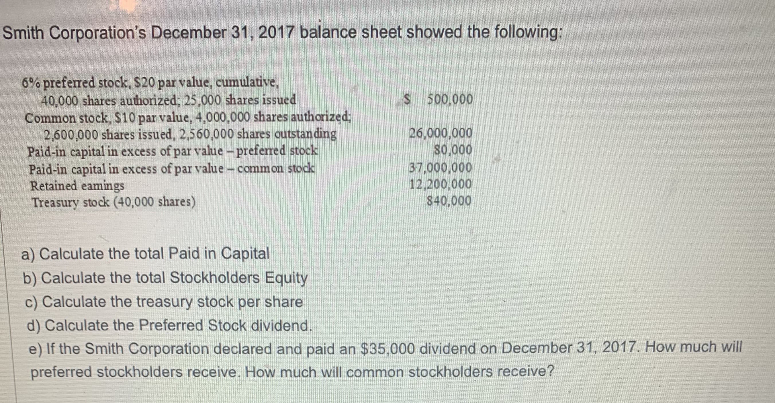 Smith Corporation's December 31, 2017 balance sheet showed the following:
6% preferred stock, $20 par value, cumulative,
40,000 shares authorized; 25,000 shares issued
Common stock, $10 par value, 4,000,000 shares authorized:
2,600,000 shares issued, 2,560,000 shares outstanding
Paid-in capital in excess of par value - preferred stock
Paid-in capital in excess of par value common stock
Retained eamings
Treasury stock (40,000 shares)
$ 500,000
26,000,000
80,000
37,000,000
12,200,000
$40,000
a) Calculate the total Paid in Capital
b) Calculate the total Stockholders Equity
c) Calculate the treasury stock per share
