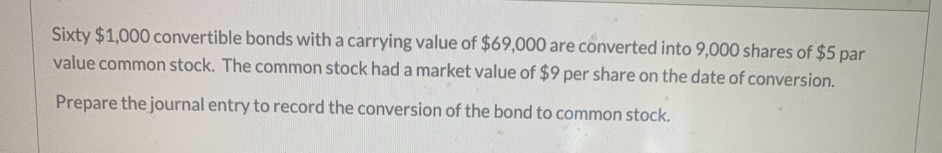 **Convertible Bonds to Common Stock Conversion**

---

### Case Study: Conversion of Convertible Bonds to Common Stock 

In this scenario, we observe the financial transaction of converting bonds into common stock. The details of the conversion are as follows:

- **Convertible Bonds**
  - Quantity: 60
  - Face Value: $1,000 each
  - Total Carrying Value: $69,000

- **Converted into Common Stock**
  - Total Shares Issued: 9,000 shares
  - Par Value per Share: $5
  - Market Value per Share: $9 (on the date of conversion)

#### Objective:
Prepare the journal entry to record the conversion of the bond to common stock.

When preparing the journal entry, you would typically record the elimination of the bond liability and the corresponding increase in both common stock and additional paid-in capital accounts.

---

**Journal Entry Preparation:**

To properly document this conversion, follow these steps:

1. **Debit Bonds Payable:** Eliminate the carrying value of the bonds from the liabilities.
2. **Credit Common Stock:** Reflect the par value of the shares issued.
3. **Credit Additional Paid-In Capital:** This accounts for the excess amount received over the par value of the common stock issued.

**Journal Entry:**

| Account Name                       | Debit ($)   | Credit ($)  |
|------------------------------------|-------------|-------------|
| Bonds Payable                      | 69,000      |             |
| Common Stock (9,000 shares * $5)   |             | 45,000      |
| Additional Paid-In Capital         |             | 24,000      |

**Explanation:**

- **Bonds Payable** is debited by $69,000 to eliminate the carrying value of the bonds.
- **Common Stock** is credited by $45,000, which is calculated based on the total number of shares issued multiplied by the par value per share (9,000 shares * $5).
- **Additional Paid-In Capital** is credited by the remaining $24,000, representing the excess amount over the par value (Actual value - Par value).

This results in the proper balancing and accounting of the transaction on the company's financial records.

---

This journal entry exemplifies how companies manage the transition of debt to equity, reflecting changes in their financial structure. Understanding this can help in comprehending broader financial strategies and impacts on shareholder's equity.