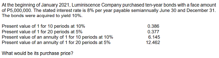 At the beginning of January 2021, Luminiscence Company purchased ten-year bonds with a face amount
of P5,000,000. The stated interest rate is 8% per year payable semiannually June 30 and December 31.
The bonds were acquired to yield 10%.
Present value of 1 for 10 periods at 10%
Present value of 1 for 20 periods at 5%
Present value of an annuity of 1 for 10 periods at 10%
Present value of an annuity of 1 for 20 periods at 5%
0.386
0.377
6.145
12.462
What would be its purchase price?
