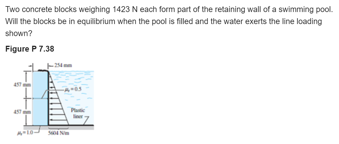 Two concrete blocks weighing 1423 N each form part of the retaining wall of a swimming pool.
Will the blocks be in equilibrium when the pool is filled and the water exerts the line loading
shown?
Figure P 7.38
-254 mm
457 mm
4y = 0,5
Plastic
liner
457 mm
H=L0-
5604 N/m
