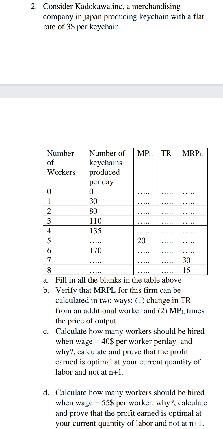 2. Consider Kadokawa.inc, a merchandising
company in japan producing keychain with a flat
rate of 3$ per keychain.
Number
Number of
MPL TR
MRPL
keychains
produced
per day
of
Workers
30
80
110
.....
.....
.....
135
.....
.....
20
.....
.....
.....
170
30
.....
8.
15
a. Fill in all the blanks in the table above
b. Verify that MRPL for this firm can be
calculated in two ways: (1) change in TR
from an additional worker and (2) MPL times
the price of output
c. Calculate how many workers should be hired
when wage = 40$ per worker perday and
why?, calculate and prove that the profit
earned is optimal at your current quantity of
labor and not at n+1.
d. Calculate how many workers should be hired
when wage = 55$ per worker, why?, calculate
and prove that the profit earned is optimal at
your current quantity of labor and not at n+1.
으123|4|5 6|7
