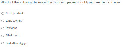 Which of the following decreases the chances a person should purchase life insurance?
O No dependents
O Large savings
O Low debt
All of these
O Paid off mortgage
