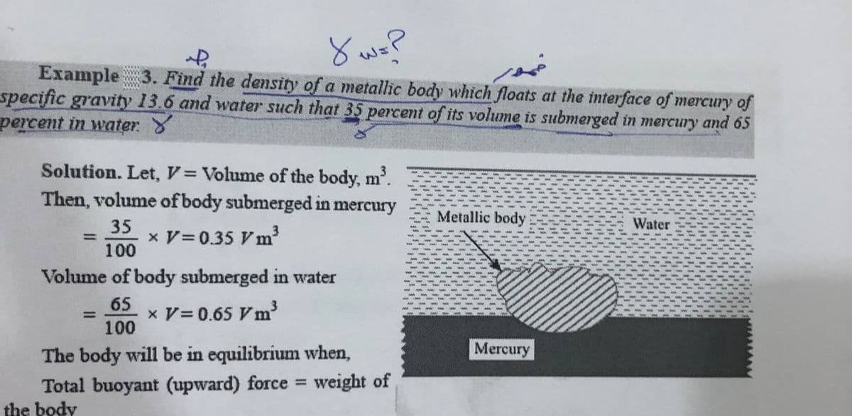 8 we?
Example 3. Find the density of a metallic body which floats at the interface of mercury of
specific gravity 13.6 and water such that 35 percent of its volume is submerged in mercury and 65
percent in water. Y
ww.
Solution. Let, V= Volume of the body, m'
Then, volume of body submerged in mercury
Metallic body
35
Water
x V= 0.35 V m
100
Volume of body submerged in water
65
x V= 0.65 V m
100
Mercury
The body will be in equilibrium when,
Total buoyant (upward) force = weight of
the body
%3D
