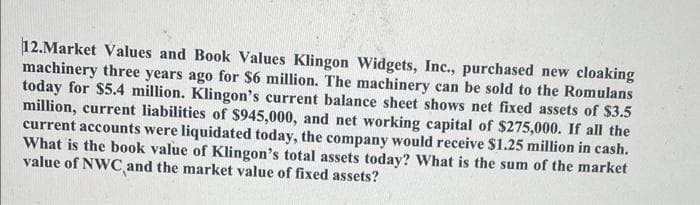 12.Market Values and Book Values Klingon Widgets, Inc., purchased new cloaking
machinery three years ago for $6 million. The machinery can be sold to the Romulans
today for $5.4 million. Klingon's current balance sheet shows net fixed assets of $3.5
million, current liabilities of $945,000, and net working capital of $275,000. If all the
current accounts were liquidated today, the company would receive $1.25 million in cash.
What is the book value of Klingon's total assets today? What is the sum of the market
value of NWC and the market value of fixed assets?