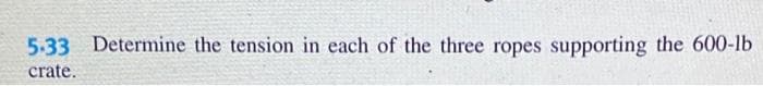 5-33 Determine the tension in each of the three ropes supporting the 600-lb
crate.
