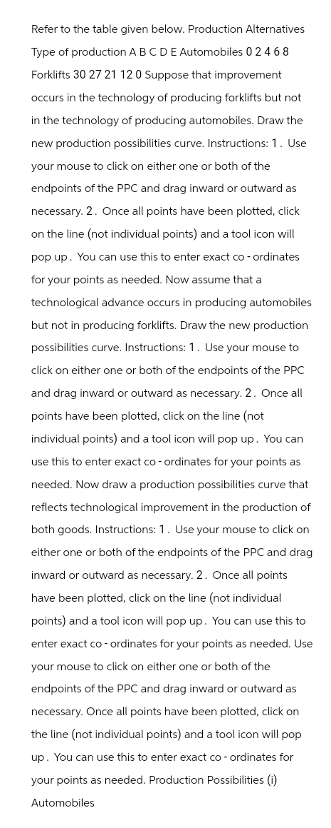 Refer to the table given below. Production Alternatives
Type of production A B C D E Automobiles 02468
Forklifts 30 27 21 120 Suppose that improvement
occurs in the technology of producing forklifts but not
in the technology of producing automobiles. Draw the
new production possibilities curve. Instructions: 1. Use
your mouse to click on either one or both of the
endpoints of the PPC and drag inward or outward as
necessary. 2. Once all points have been plotted, click
on the line (not individual points) and a tool icon will
pop up. You can use this to enter exact co-ordinates
for your points as needed. Now assume that a
technological advance occurs in producing automobiles
but not in producing forklifts. Draw the new production
possibilities curve. Instructions: 1. Use your mouse to
click on either one or both of the endpoints of the PPC
and drag inward or outward as necessary. 2. Once all
points have been plotted, click on the line (not
individual points) and a tool icon will pop up. You can
use this to enter exact co-ordinates for your points as
needed. Now draw a production possibilities curve that
reflects technological improvement in the production of
both goods. Instructions: 1. Use your mouse to click on
either one or both of the endpoints of the PPC and drag
inward or outward as necessary. 2. Once all points
have been plotted, click on the line (not individual
points) and a tool icon will pop up. You can use this to
enter exact co-ordinates for your points as needed. Use
your mouse to click on either one or both of the
endpoints of the PPC and drag inward or outward as
necessary. Once all points have been plotted, click on
the line (not individual points) and a tool icon will pop
up. You can use this to enter exact co-ordinates for
your points as needed. Production Possibilities (i)
Automobiles