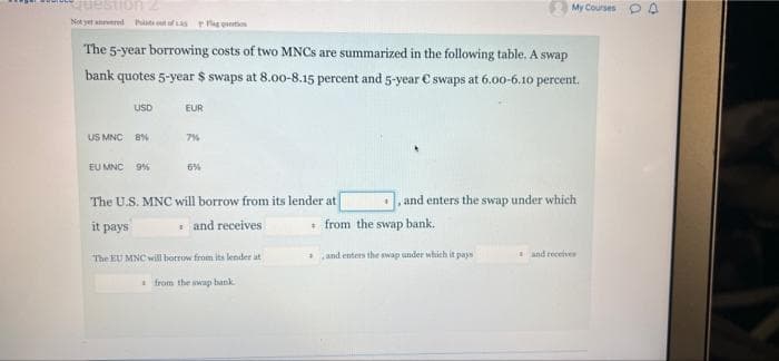 question 2
Not yet aered Pt tfas r tion
My Courses p A
The 5-year borrowing costs of two MNCS are summarized in the following table. A swap
bank quotes 5-year $ swaps at 8.00-8.15 percent and 5-year € swaps at 6.00-6.10 percent.
USD
EUR
US MNC 8%
7%
EU MNC 9%
6%
The U.S. MNC will borrow from its lender at
, and enters the swap under which
it pays
and receives
* from the swap bank.
The EU MNC will botrow from its lender at
and enters the swap under which it pays
and receives
from the wap bank
