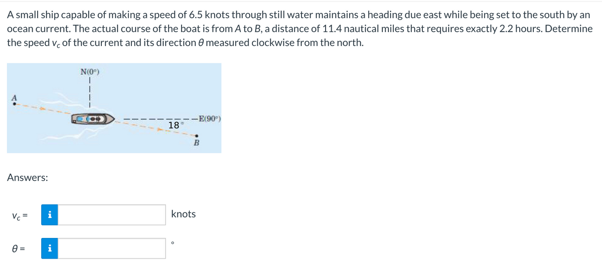 A small ship capable of making a speed of 6.5 knots through still water maintains a heading due east while being set to the south by an
ocean current. The actual course of the boat is from A to B, a distance of 11.4 nautical miles that requires exactly 2.2 hours. Determine
the speed v. of the current and its direction 0 measured clockwise from the north.
N(0°)
-E(90°)
18
Answers:
Vc =
knots
