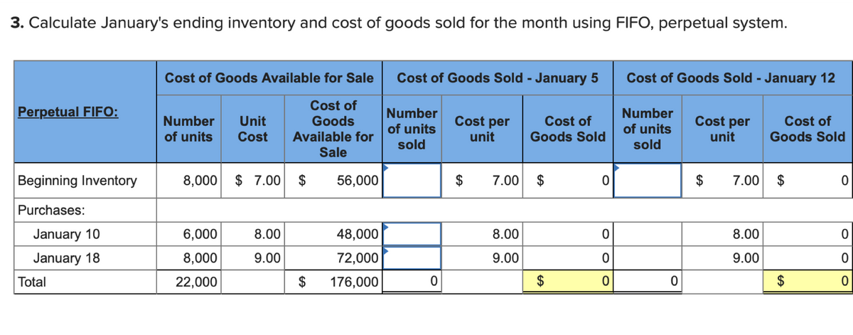 3. Calculate January's ending inventory and cost of goods sold for the month using FIFO, perpetual system.
Perpetual FIFO:
Beginning Inventory
Purchases:
January 10
January 18
Total
Cost of Goods Available for Sale
Cost of
Goods
Cost Available for
Sale
Number Unit
of units
8,000 $7.00 $
6,000
8,000
22,000
8.00
9.00
$
56,000
48,000
72,000
176,000
Cost of Goods Sold - January 5
Number
of units
sold
Cost per
unit
$
Cost of
Goods Sold
7.00 $
8.00
9.00
$
0
0
O
0
Cost of Goods Sold - January 12
Number
of units
sold
0
Cost per
unit
$
Cost of
Goods Sold
7.00 $
8.00
9.00
$
0
0
0