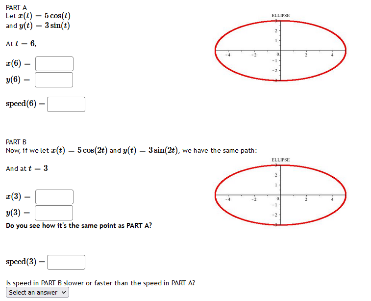 PART A
Let x(t) = 5 cos(t)
and y(t) = 3 sin(t)
At t = 6,
x(6)= =
y(6)
=
speed (6)
PART B
Now, if we let r(t) = 5 cos(2t) and y(t) =
=
3 sin(2t), we have the same path:
And at t
(3) =
=
=
=
=
3
y (3)
Do you see how it's the same point as PART A?
speed (3) =
Is speed in PART B slower or faster than the speed in PART A?
Select an answer ✓
ELLIPSE
2
ELLIPSE
2